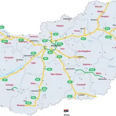 Mapa Węgier z zaznaczonymi autostradami (żółte i zielone linie) oraz nazwami miast i regionów.