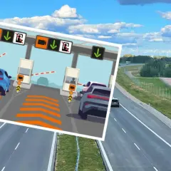 Ilustracja przedstawia bramki poboru opłat na autostradzie z samochodami i znakami.