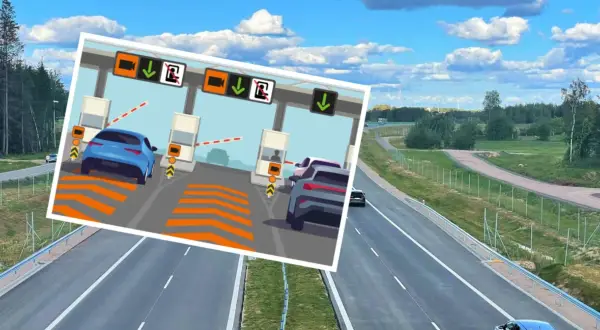 Ilustracja przedstawia bramki poboru opłat na autostradzie z samochodami i znakami.